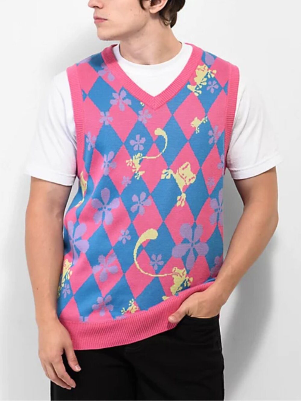 A.LAB Vest Day Ever Men's Sweater Vest M Pink Blue Argyle Frog Floral Y2K Preppy